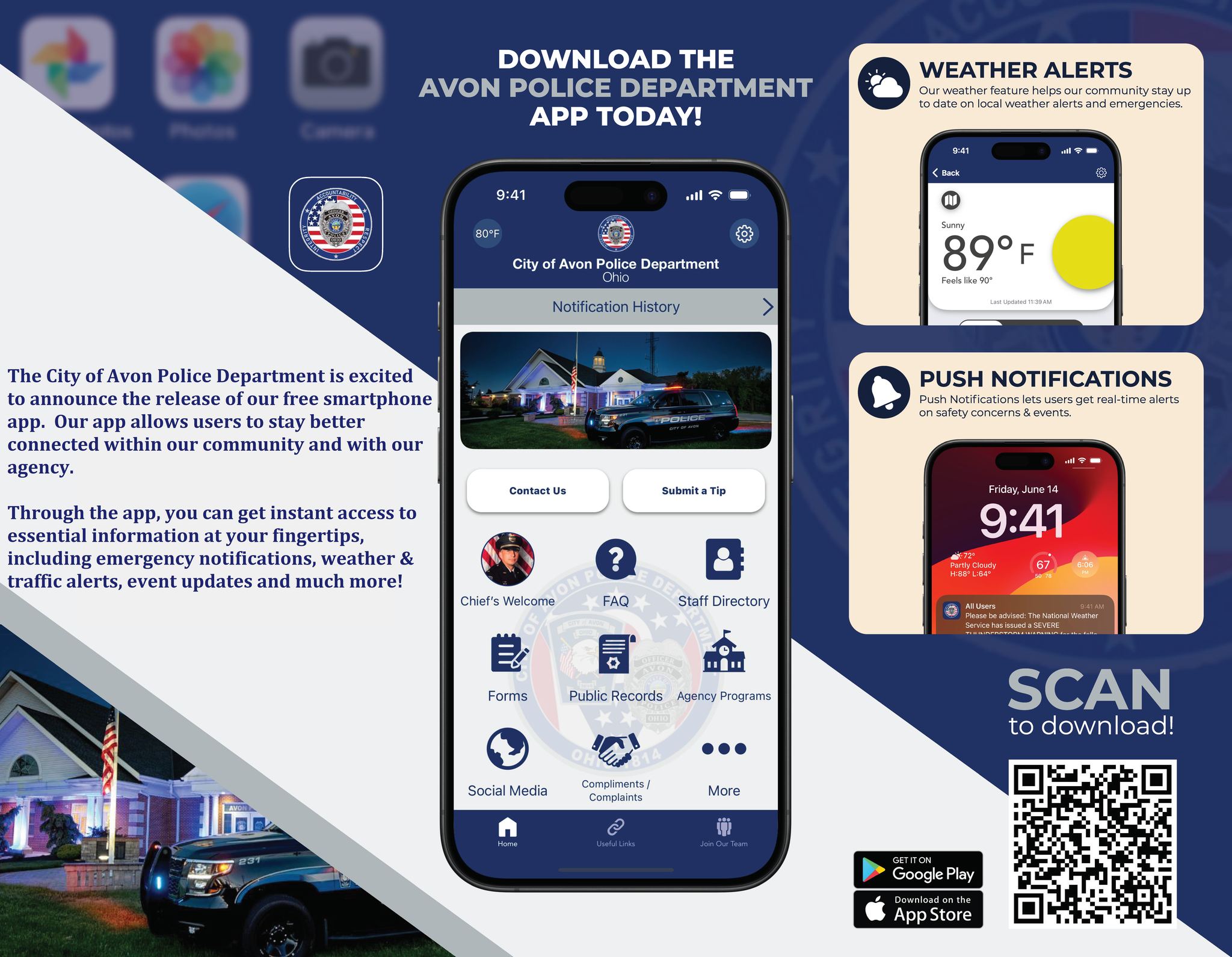 Information about the benefits and resources provided by the Avon Police Department App.