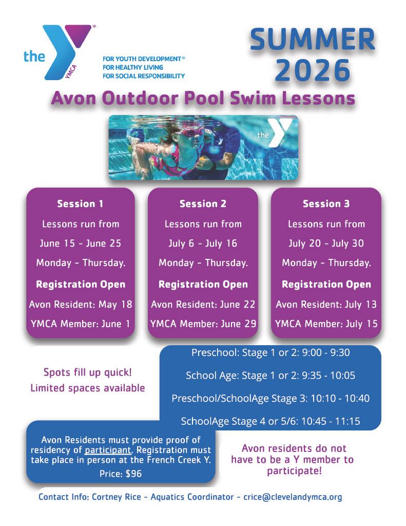 Listing of the dates for three sessions of swim lessons, cost and registration information.