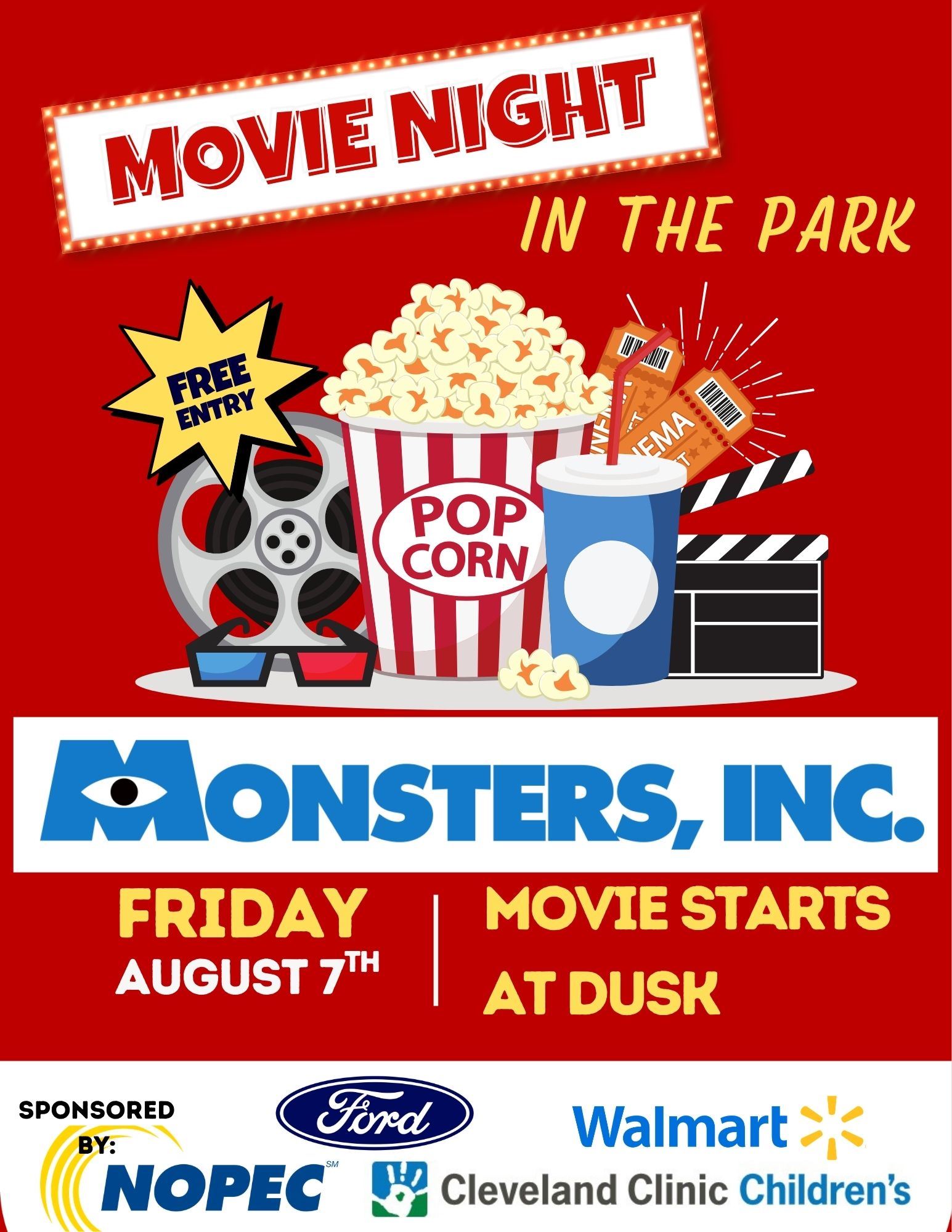 Flyer with a picture of popcorn, movie tickets, and drink with information on the movie MonstersInc 