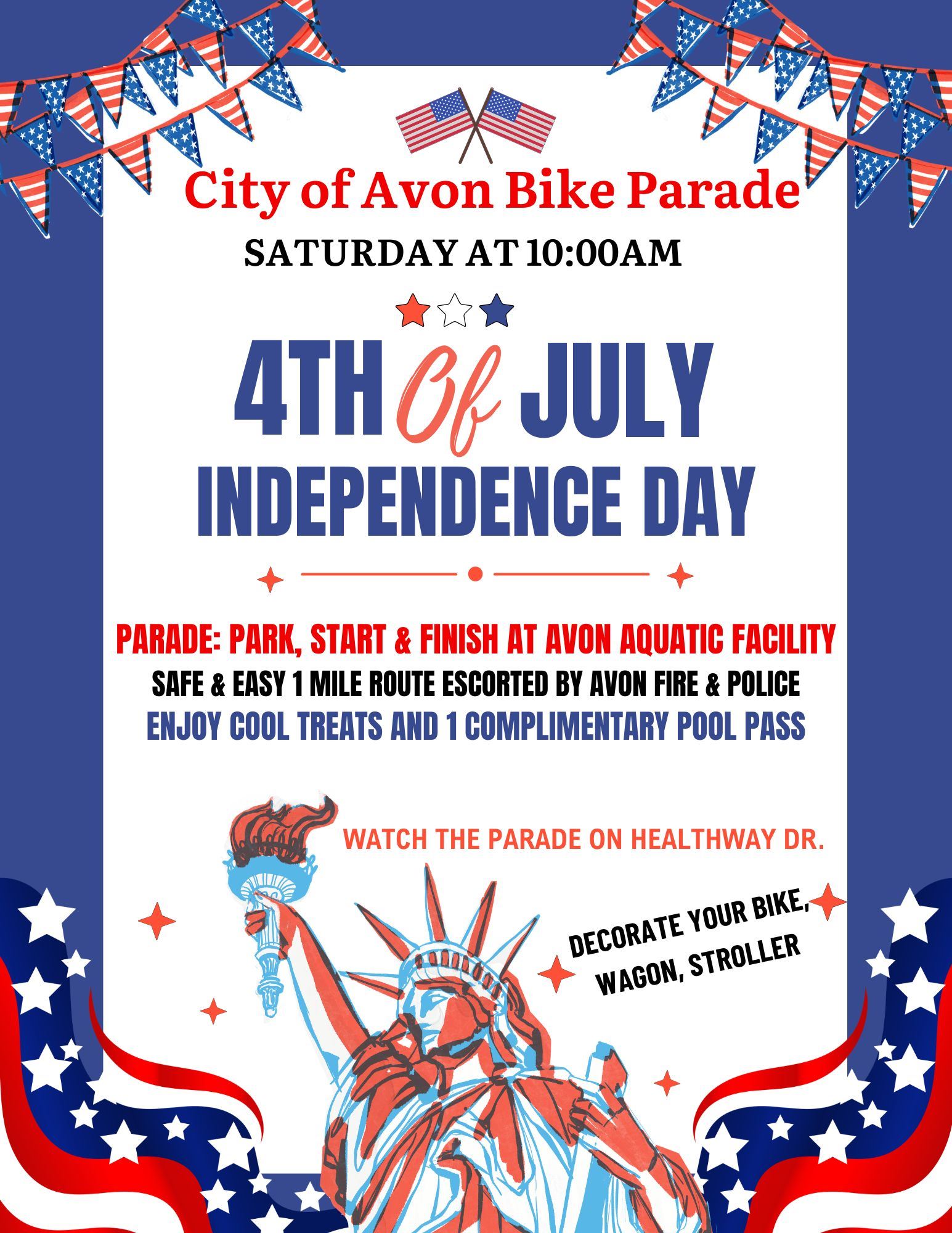 Flyer depicting Statue of Liberty, stars and patriotic banners to show details of July 4th parade